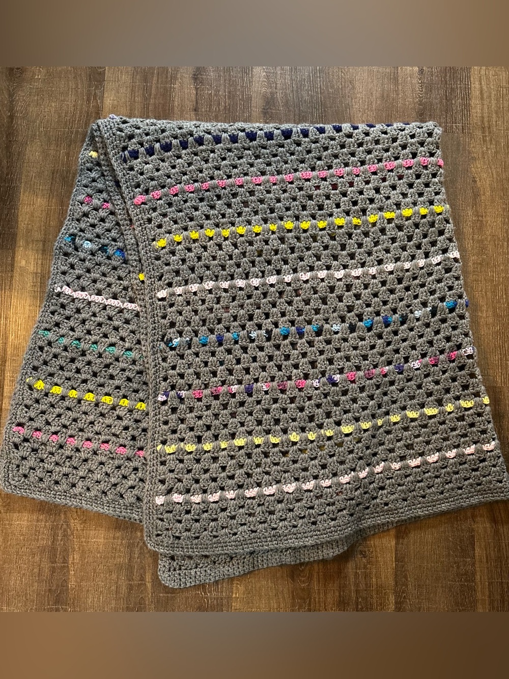 Hand-Crocheted Gray Throw Blanket with Multicolor Accent Stripes